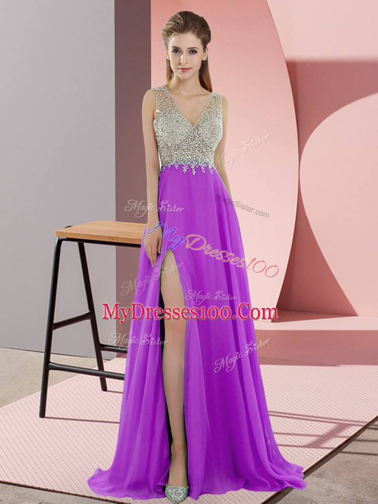 Sweep Train Empire Lavender V-neck Chiffon Sleeveless Zipper