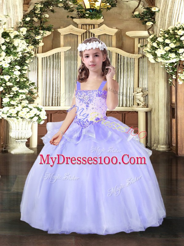 Lavender Organza Lace Up Straps Sleeveless Floor Length Little Girls Pageant Gowns Beading