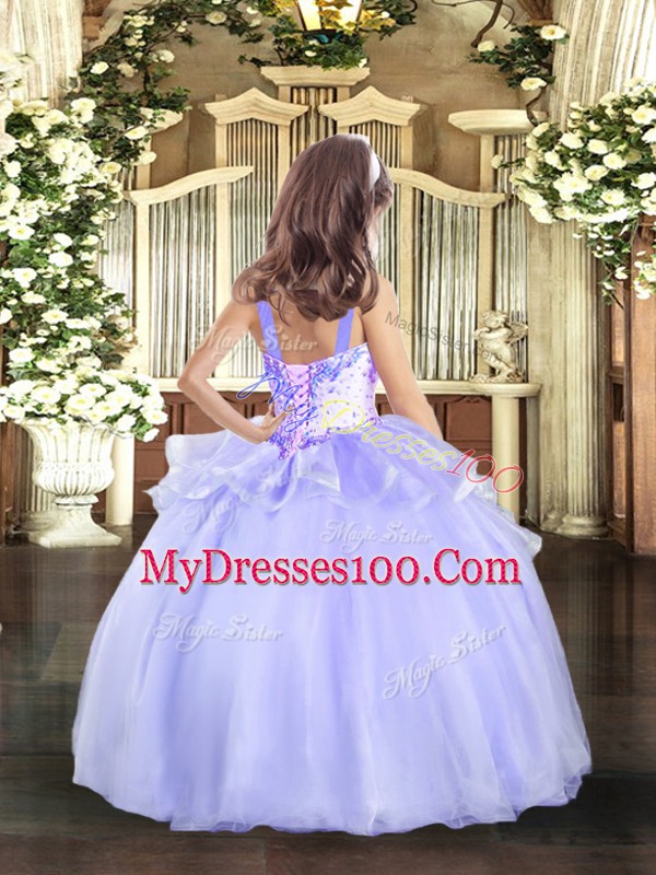Lavender Organza Lace Up Straps Sleeveless Floor Length Little Girls Pageant Gowns Beading