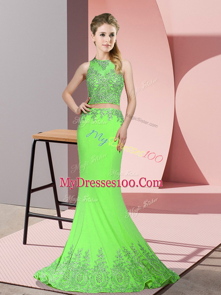 Satin High-neck Sleeveless Sweep Train Zipper Beading and Appliques Homecoming Dress in