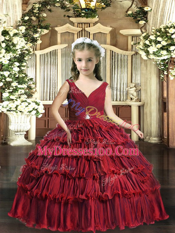 Latest Floor Length Red Pageant Gowns For Girls Sleeveless Beading and Ruffled Layers