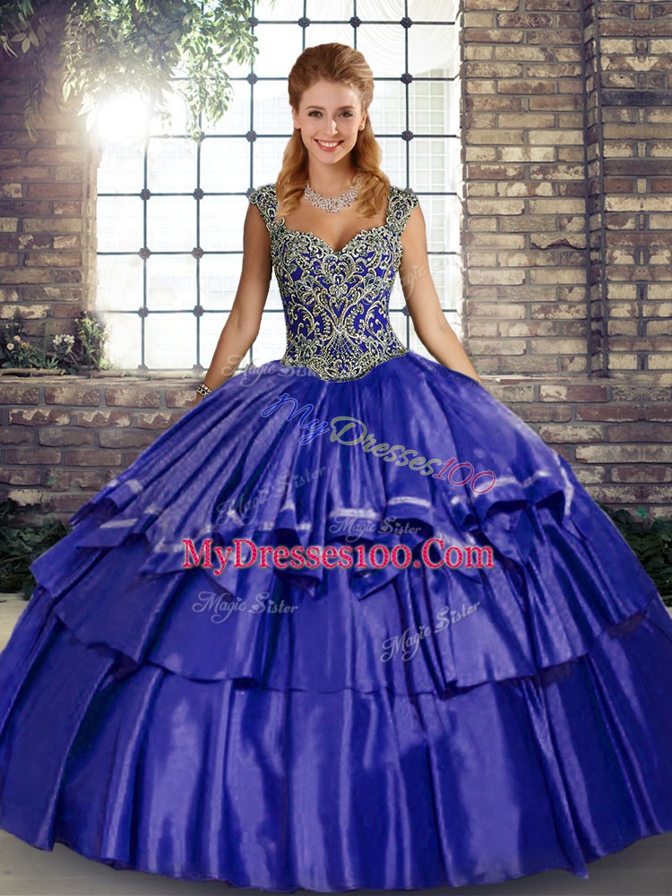 Taffeta Sleeveless Floor Length Quince Ball Gowns and Beading and Ruffled Layers