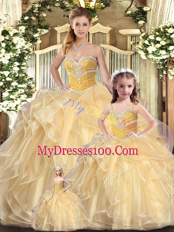Floor Length Lace Up Vestidos de Quinceanera Champagne for Sweet 16 and Quinceanera with Beading and Ruffles