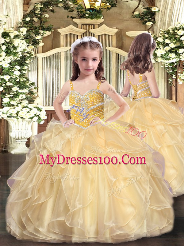 Floor Length Lace Up Vestidos de Quinceanera Champagne for Sweet 16 and Quinceanera with Beading and Ruffles