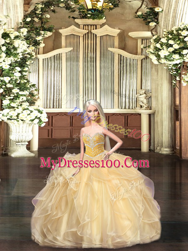 Floor Length Lace Up Vestidos de Quinceanera Champagne for Sweet 16 and Quinceanera with Beading and Ruffles
