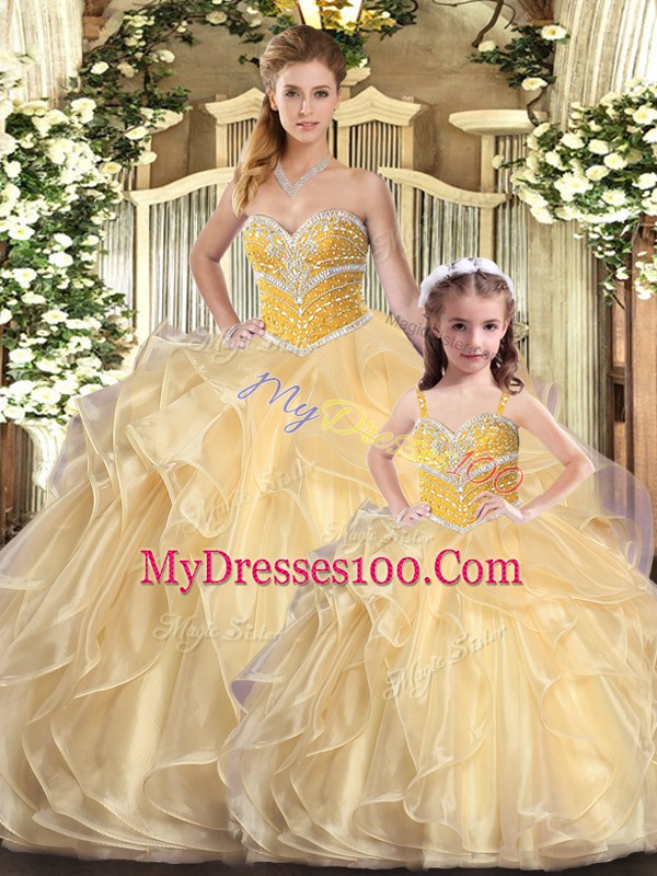 Floor Length Lace Up Vestidos de Quinceanera Champagne for Sweet 16 and Quinceanera with Beading and Ruffles