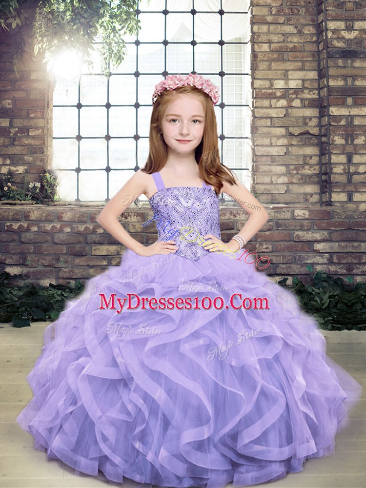 Excellent Lavender Sleeveless Floor Length Beading and Ruffles Lace Up Pageant Dress for Womens