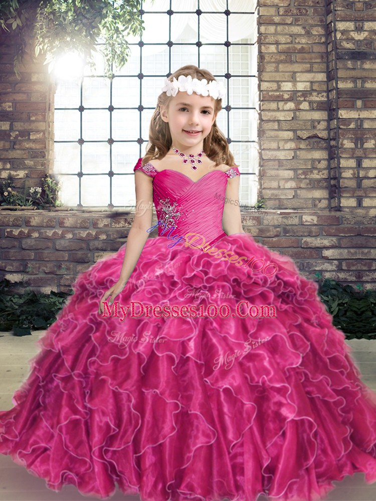 Hot Selling Floor Length Ball Gowns Sleeveless Fuchsia Girls Pageant Dresses Lace Up
