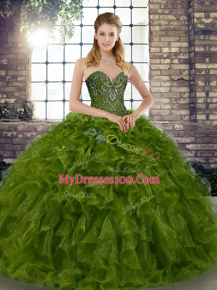 Charming Olive Green Sweetheart Neckline Beading and Ruffles Sweet 16 Dresses Sleeveless Lace Up