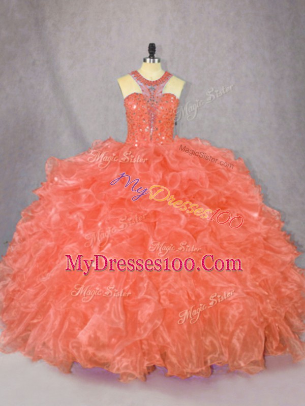 Floor Length Orange Sweet 16 Quinceanera Dress Scoop Sleeveless Zipper