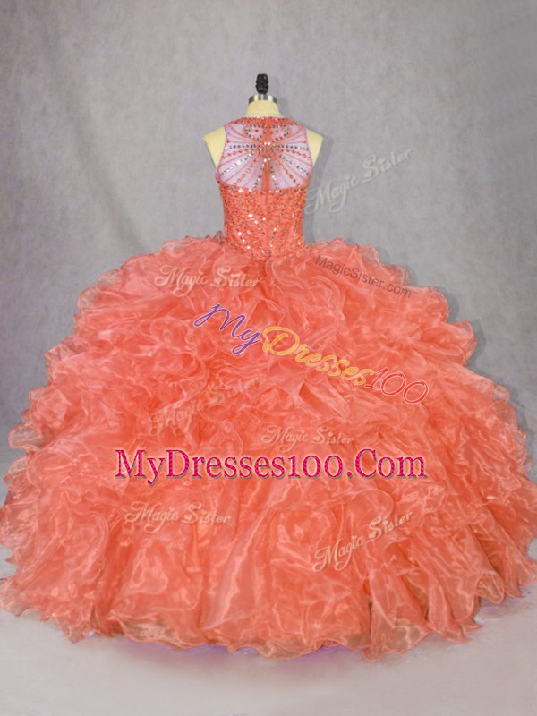 Floor Length Orange Sweet 16 Quinceanera Dress Scoop Sleeveless Zipper