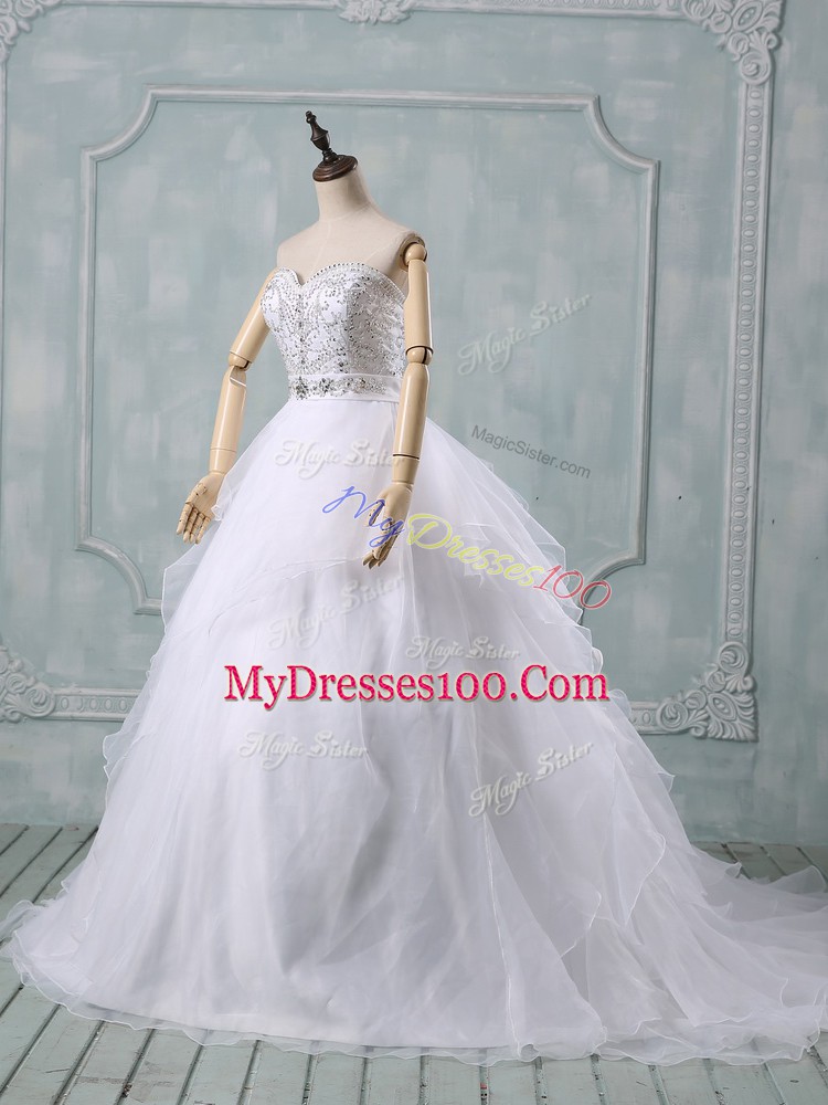 Perfect Sleeveless White Wedding Gown Brush Train Zipper