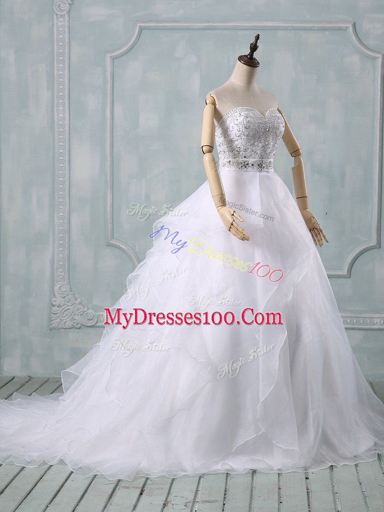 Perfect Sleeveless White Wedding Gown Brush Train Zipper
