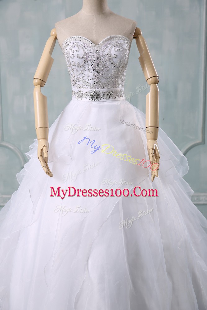 Perfect Sleeveless White Wedding Gown Brush Train Zipper