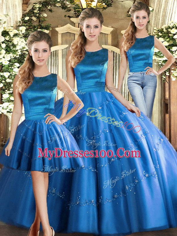 Appliques Sweet 16 Quinceanera Dress Blue Lace Up Sleeveless Floor Length