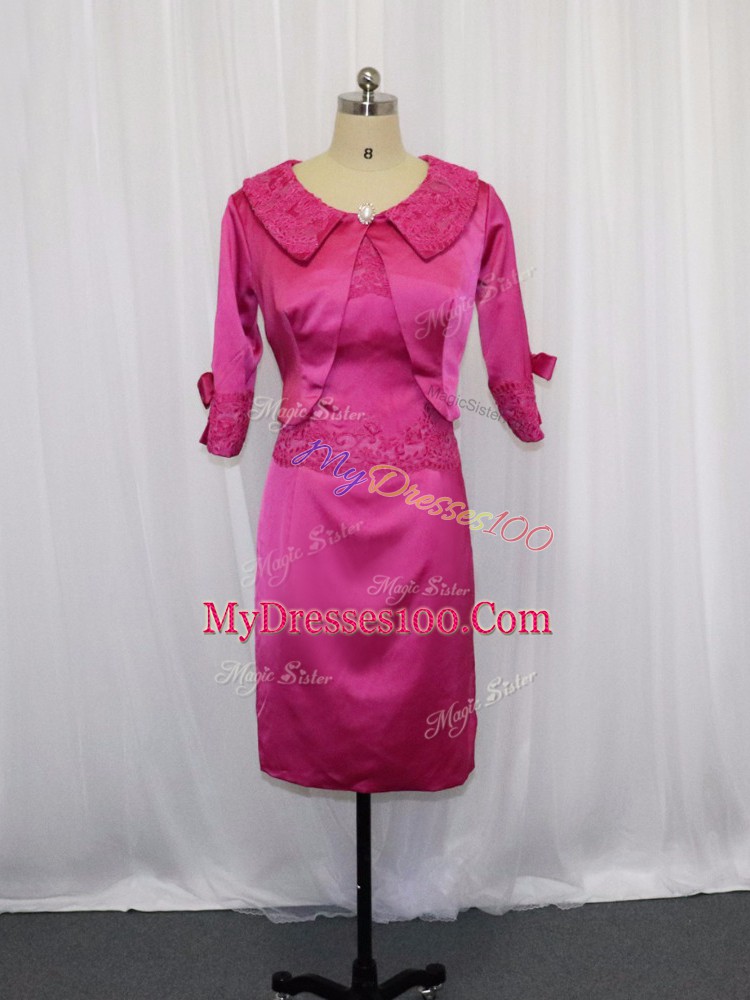 Nice Mini Length Zipper Mother Of The Bride Dress Hot Pink for Prom and Party with Lace and Appliques