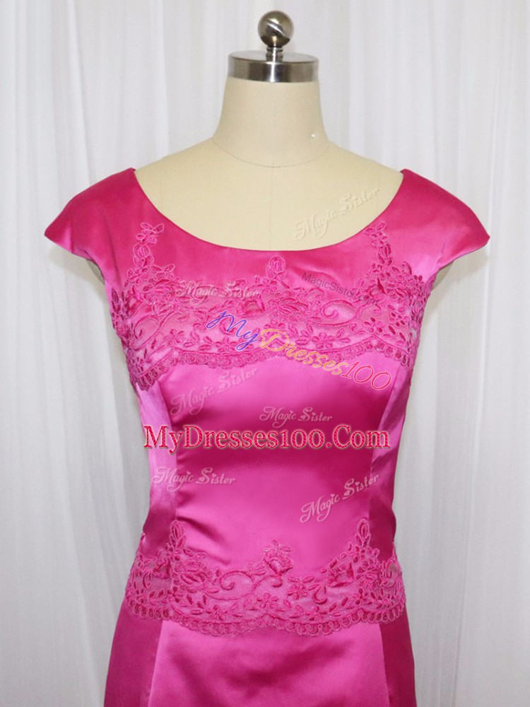 Nice Mini Length Zipper Mother Of The Bride Dress Hot Pink for Prom and Party with Lace and Appliques