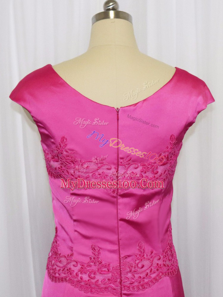 Nice Mini Length Zipper Mother Of The Bride Dress Hot Pink for Prom and Party with Lace and Appliques