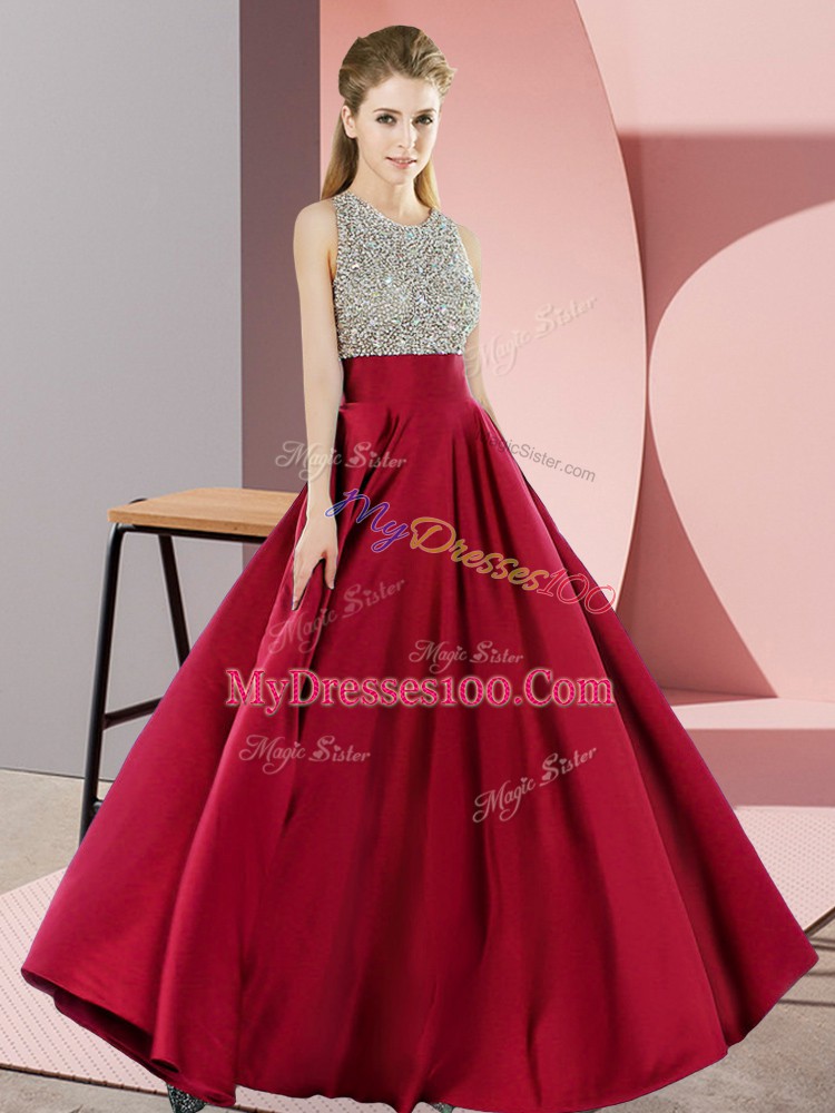 Hot Selling Wine Red Elastic Woven Satin Backless Prom Dress Sleeveless Floor Length Beading
