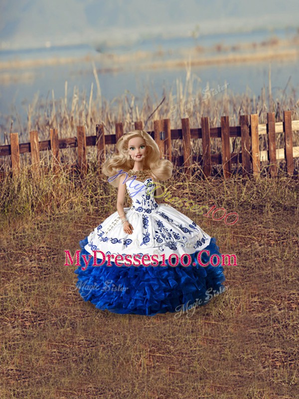 Custom Made Floor Length Blue And White 15th Birthday Dress Organza Sleeveless Embroidery and Ruffles