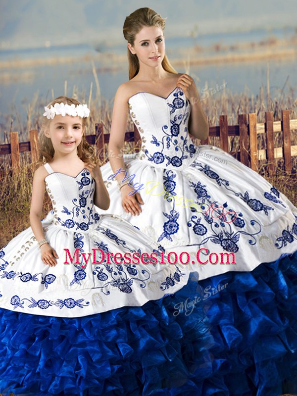 Custom Made Floor Length Blue And White 15th Birthday Dress Organza Sleeveless Embroidery and Ruffles