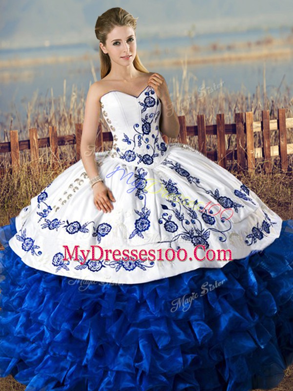 Custom Made Floor Length Blue And White 15th Birthday Dress Organza Sleeveless Embroidery and Ruffles