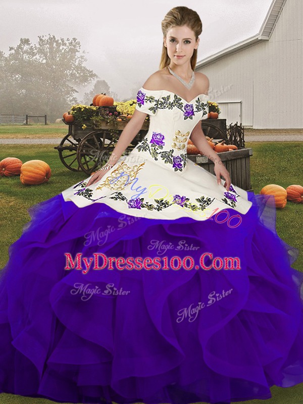High Quality Floor Length White And Purple Quinceanera Gowns Tulle Sleeveless Embroidery and Ruffles