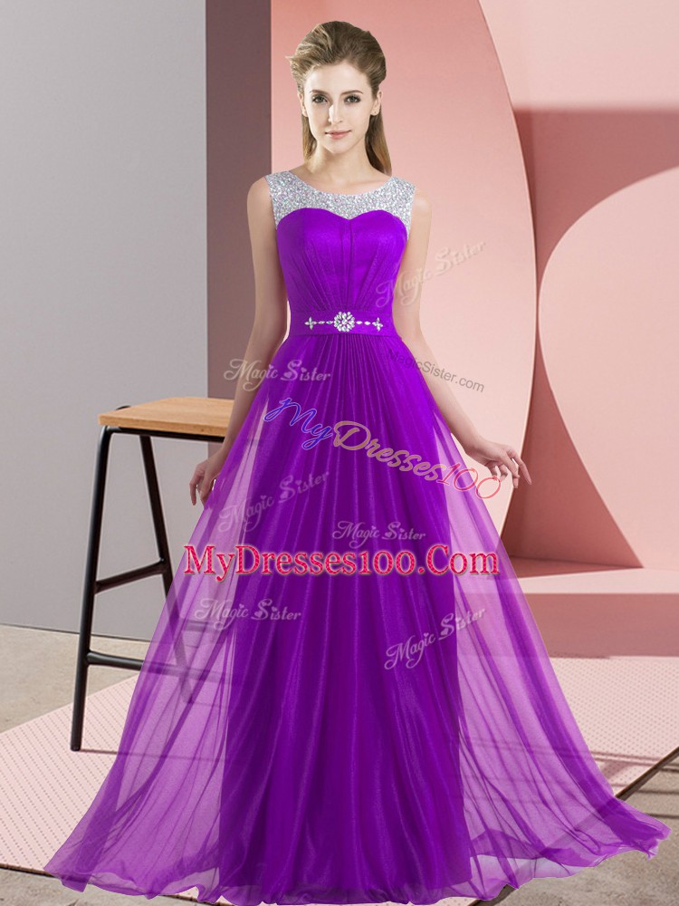Beauteous Purple Empire Scoop Sleeveless Chiffon Floor Length Lace Up Beading Quinceanera Court Dresses
