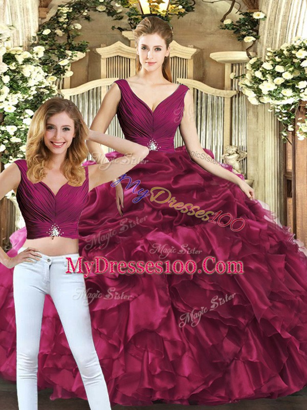 Pretty Burgundy Backless V-neck Pick Ups 15 Quinceanera Dress Organza Sleeveless