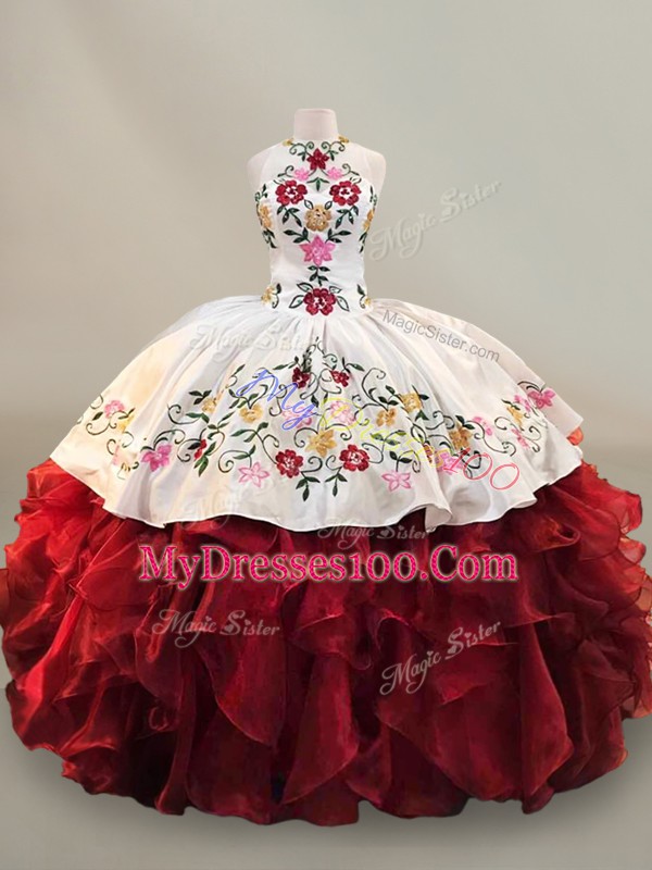 Stylish Red Sweet 16 Dresses Sweet 16 and Quinceanera with Embroidery and Ruffles Halter Top Sleeveless Lace Up