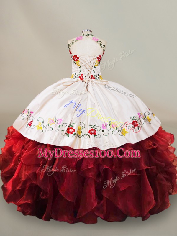 Stylish Red Sweet 16 Dresses Sweet 16 and Quinceanera with Embroidery and Ruffles Halter Top Sleeveless Lace Up