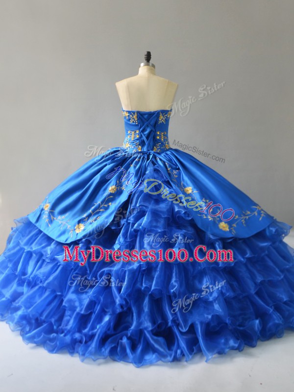 Royal Blue Sleeveless Floor Length Embroidery and Ruffles Lace Up 15 Quinceanera Dress