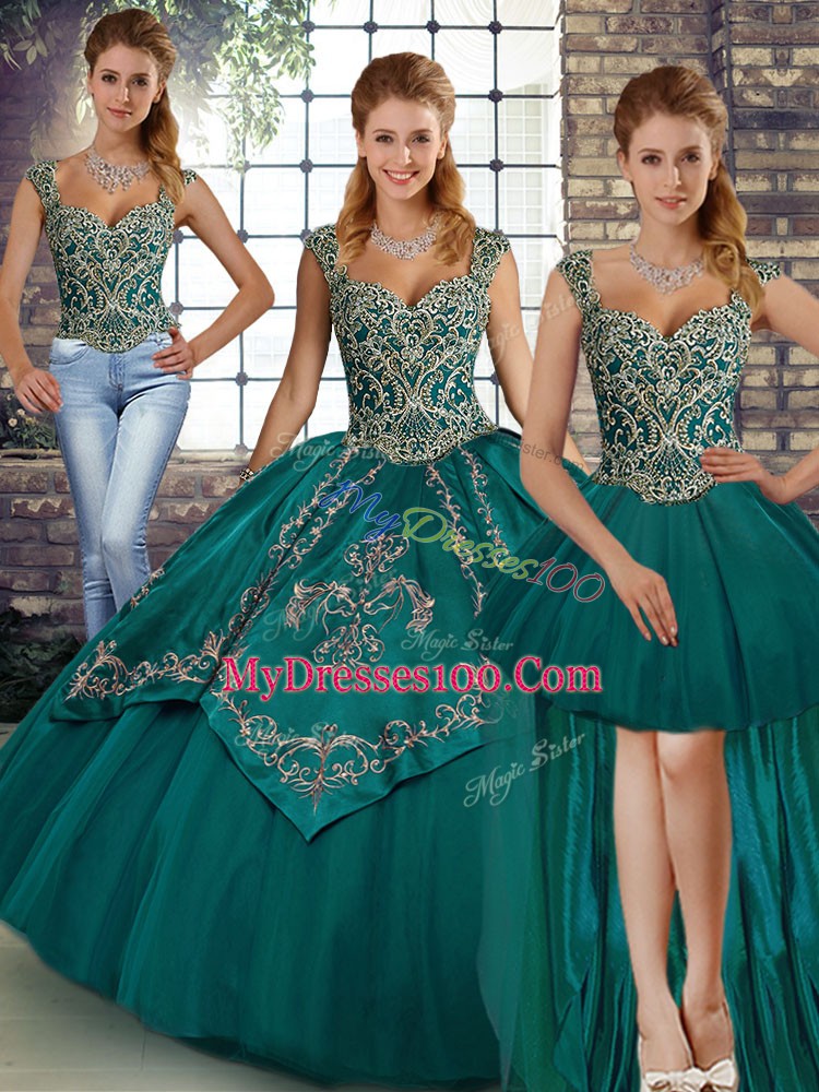 Edgy Teal Tulle Lace Up Straps Sleeveless Floor Length Quinceanera Gowns Beading and Embroidery