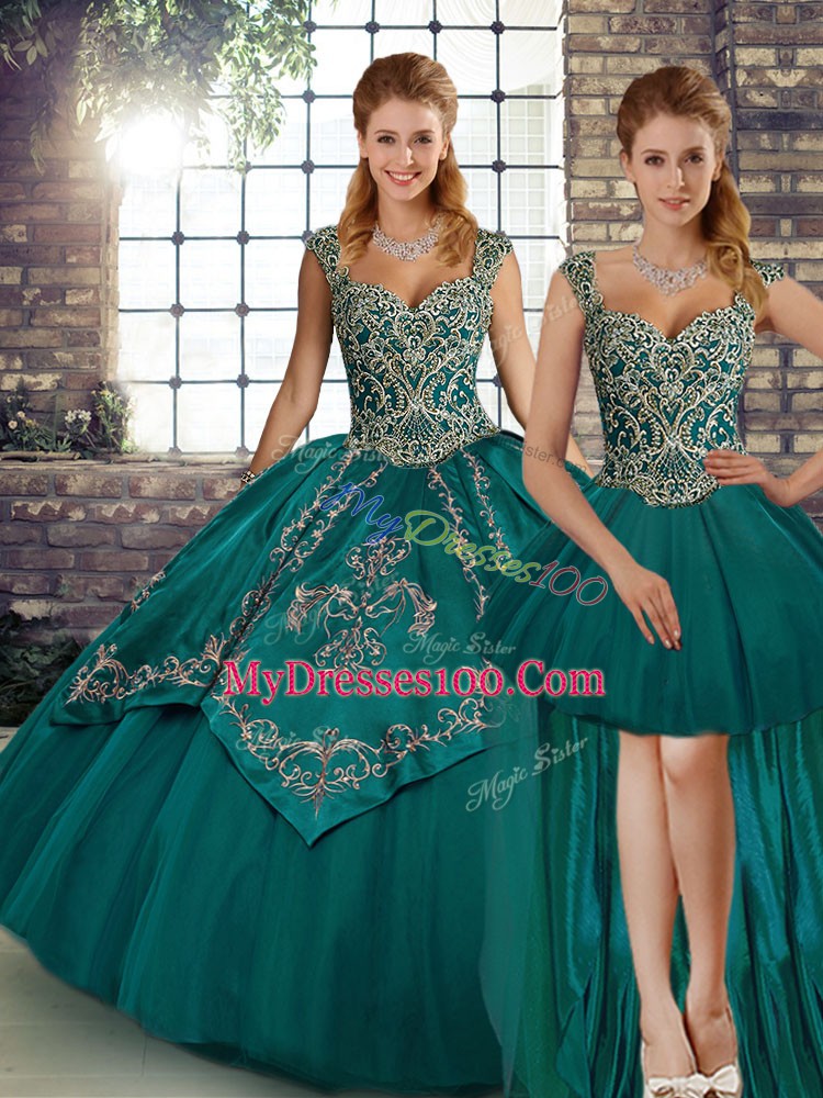 Edgy Teal Tulle Lace Up Straps Sleeveless Floor Length Quinceanera Gowns Beading and Embroidery