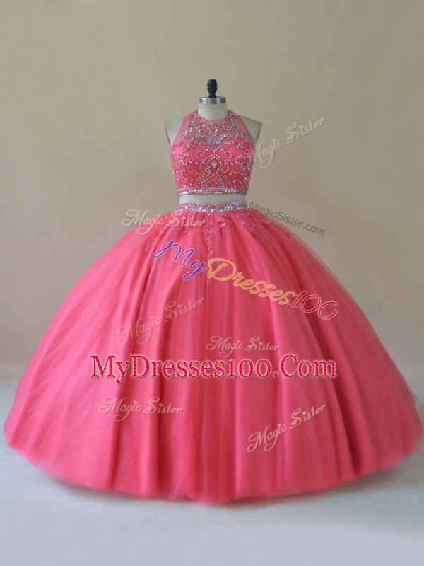 Sexy Coral Red Backless Halter Top Beading Quince Ball Gowns Tulle Sleeveless