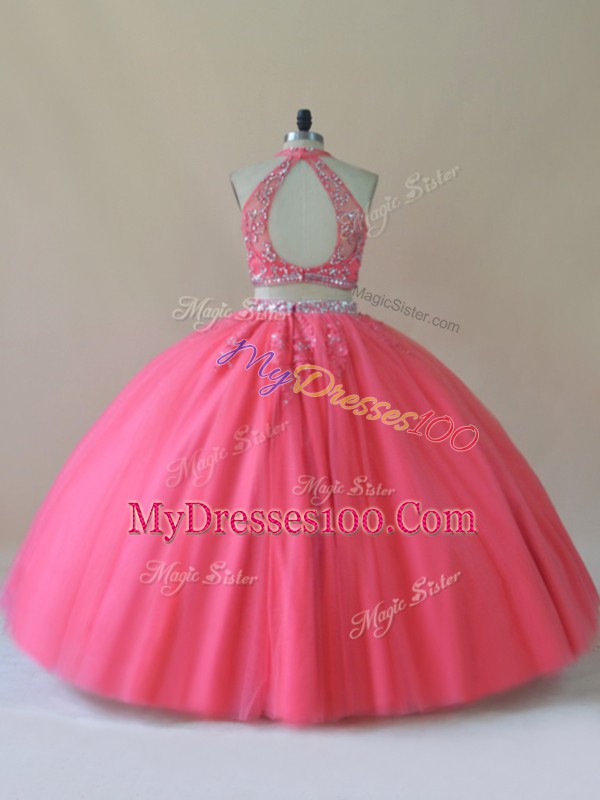 Sexy Coral Red Backless Halter Top Beading Quince Ball Gowns Tulle Sleeveless