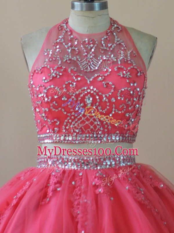 Sexy Coral Red Backless Halter Top Beading Quince Ball Gowns Tulle Sleeveless