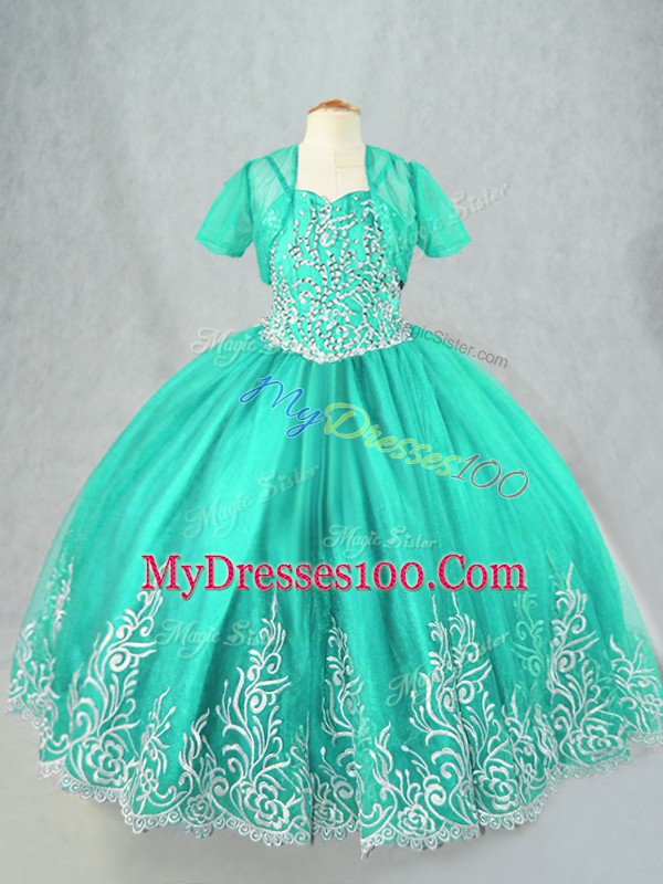 Turquoise Spaghetti Straps Neckline Beading and Embroidery Pageant Dress Sleeveless Lace Up