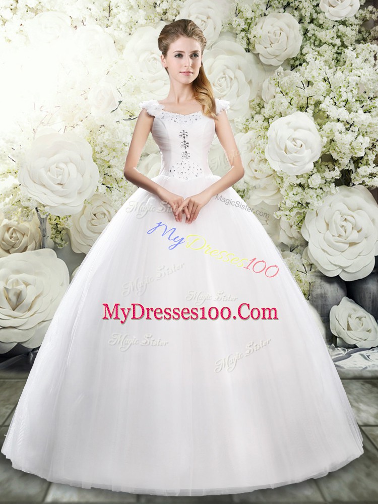Luxurious Beading and Hand Made Flower Wedding Dress White Lace Up Sleeveless Floor Length
