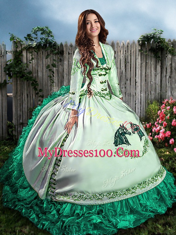 Fabulous Turquoise Satin and Organza Lace Up 15th Birthday Dress Sleeveless Floor Length Embroidery and Ruffles