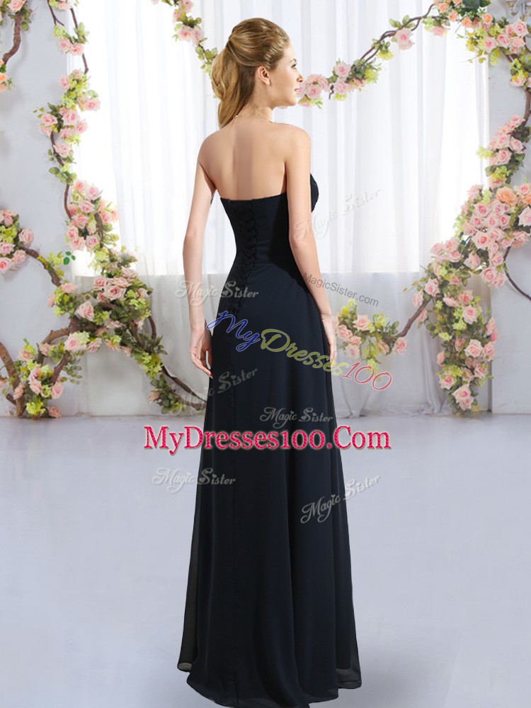 Dazzling Navy Blue Chiffon Zipper Bridesmaids Dress Sleeveless Floor Length Ruching