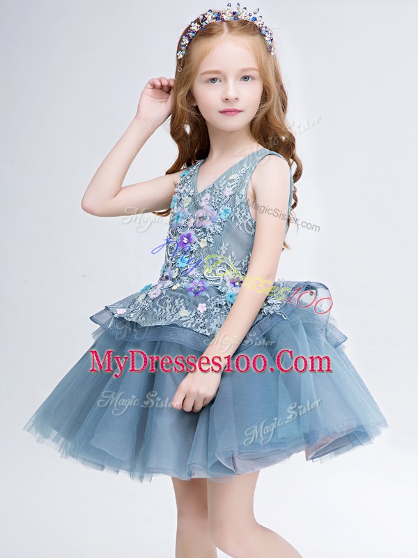 Flare Grey Lace Up Flower Girl Dresses Lace and Appliques Sleeveless Mini Length