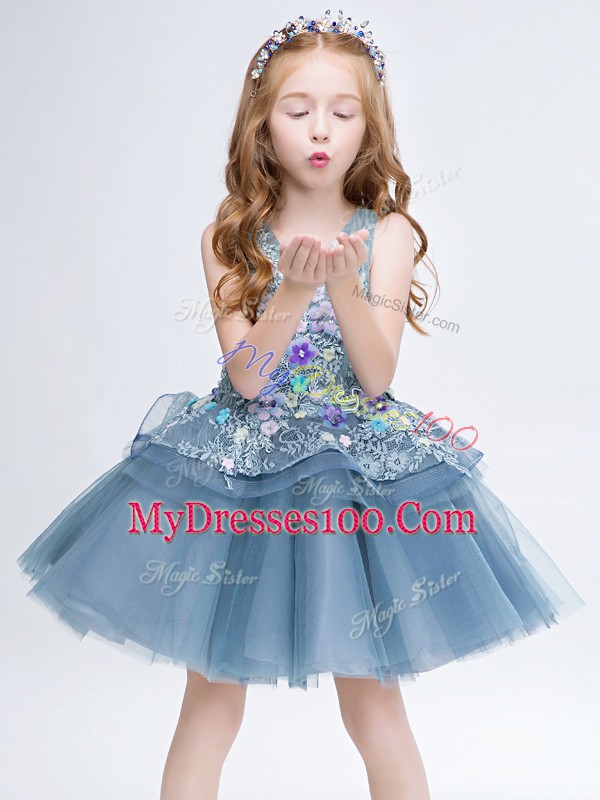 Flare Grey Lace Up Flower Girl Dresses Lace and Appliques Sleeveless Mini Length