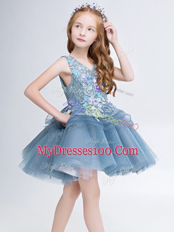 Flare Grey Lace Up Flower Girl Dresses Lace and Appliques Sleeveless Mini Length