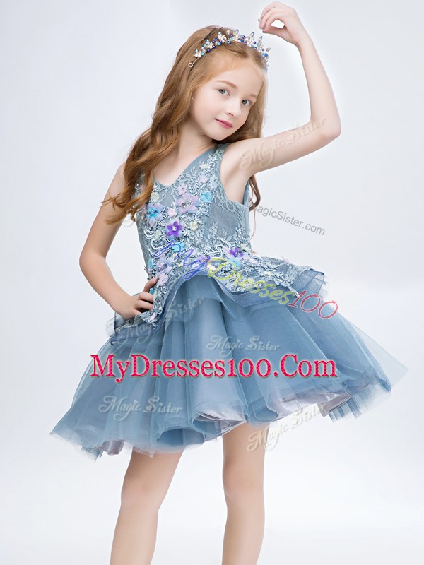 Flare Grey Lace Up Flower Girl Dresses Lace and Appliques Sleeveless Mini Length