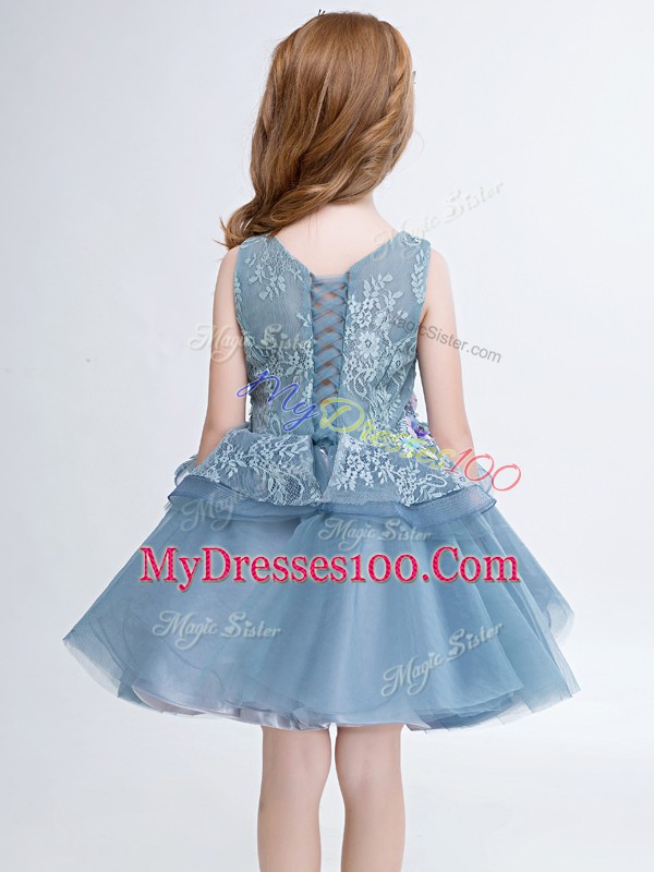 Flare Grey Lace Up Flower Girl Dresses Lace and Appliques Sleeveless Mini Length