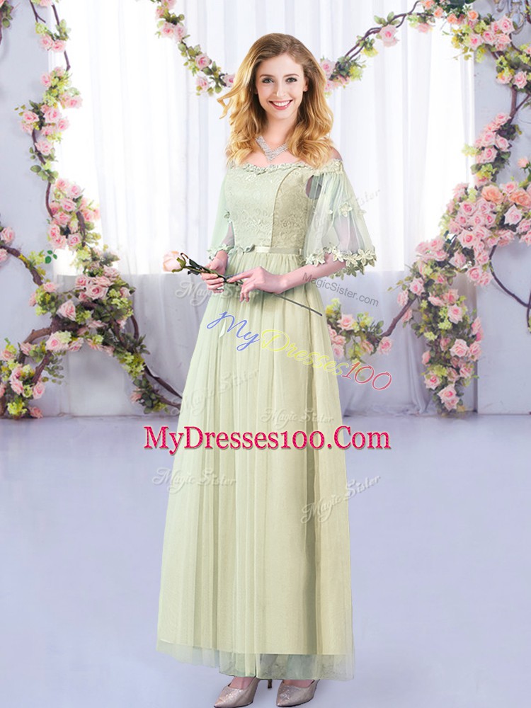 Yellow Green Half Sleeves Floor Length Lace and Belt Side Zipper Dama Dress for Quinceanera
