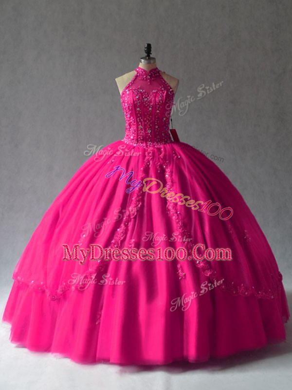 Fuchsia Tulle Lace Up Halter Top Sleeveless Floor Length Quinceanera Gowns Appliques