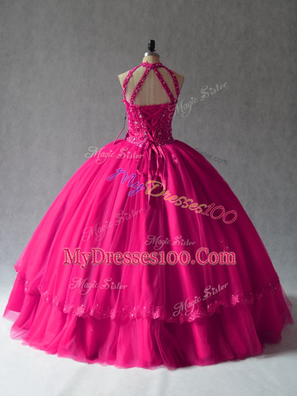 Fuchsia Tulle Lace Up Halter Top Sleeveless Floor Length Quinceanera Gowns Appliques