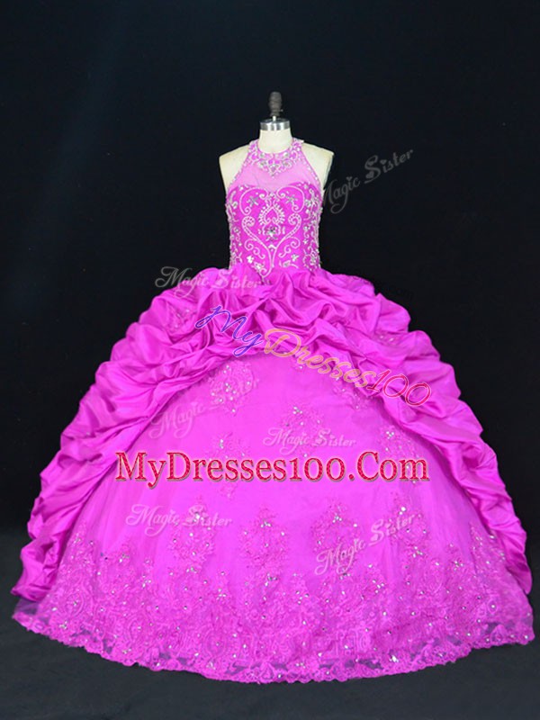 Enchanting Fuchsia Taffeta Lace Up Quince Ball Gowns Sleeveless Floor Length Beading and Appliques and Pick Ups